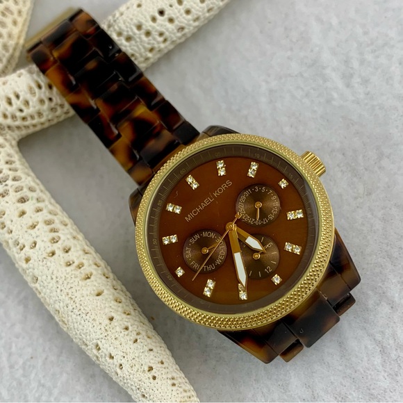 MICHAEL KORS JET SET CHRONOGRAPH GOLD PLATED CASE SWAROVSKI CRYSTALS STAINLESS - Picture 10 of 11